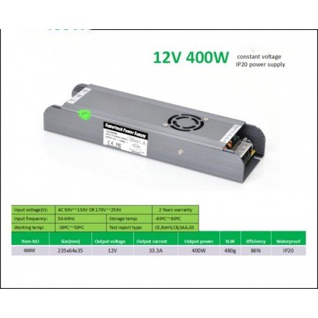 400W Power Supply Adapter IP20 for LED Strip 12V 33.3A DC Transformer