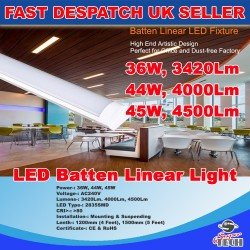 45W 1500mm LED Batten Linear Tube Light 5000lm, Cool White With Fittings